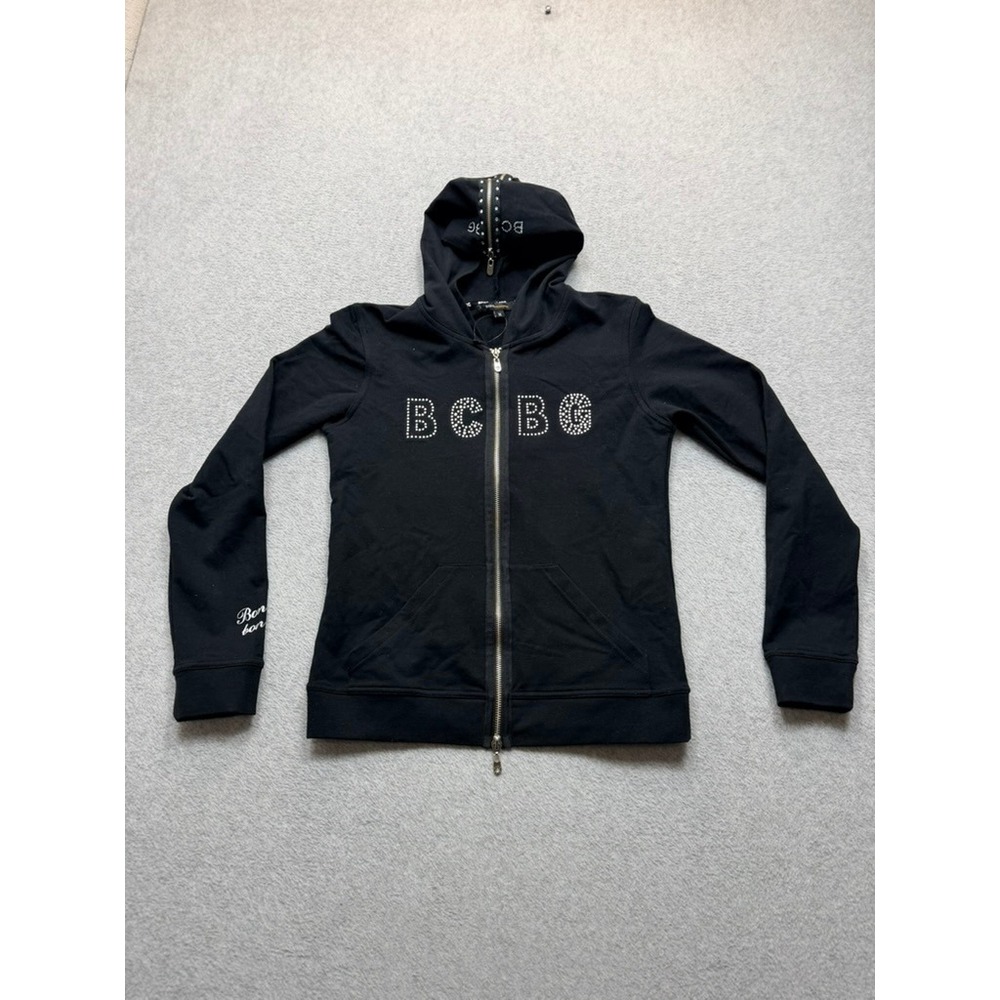 BCBG Max Azria Womens Black Rhinestone Logo Studded Zip Up Hoodie Sweatshirt S